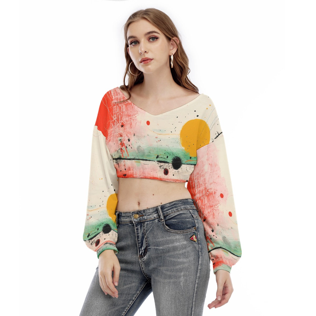 All-Over Print Women's V-neck Long Sleeve Cropped Sweatshirt