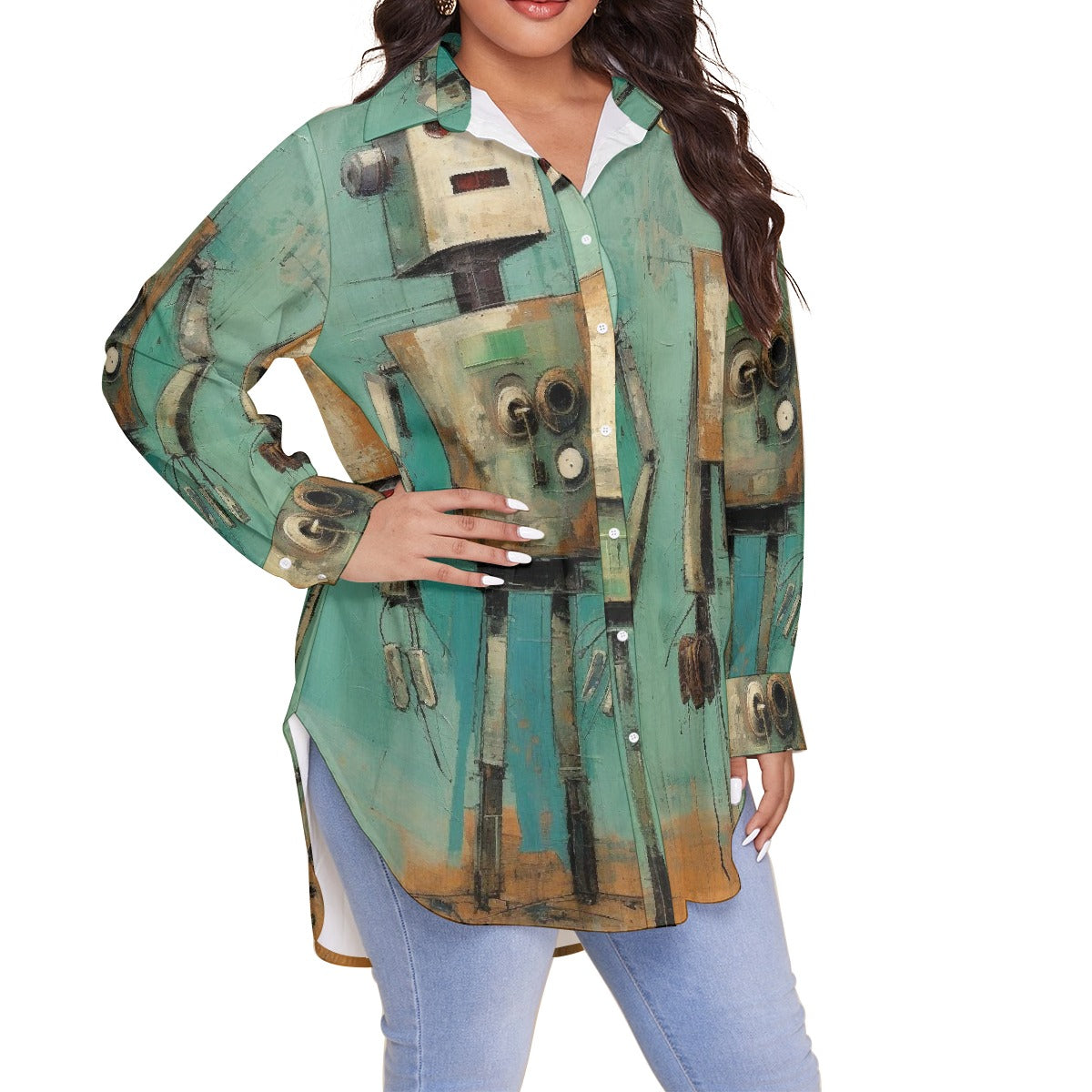 All-Over Print Women's Shirt With Long Sleeve(Plus Size)