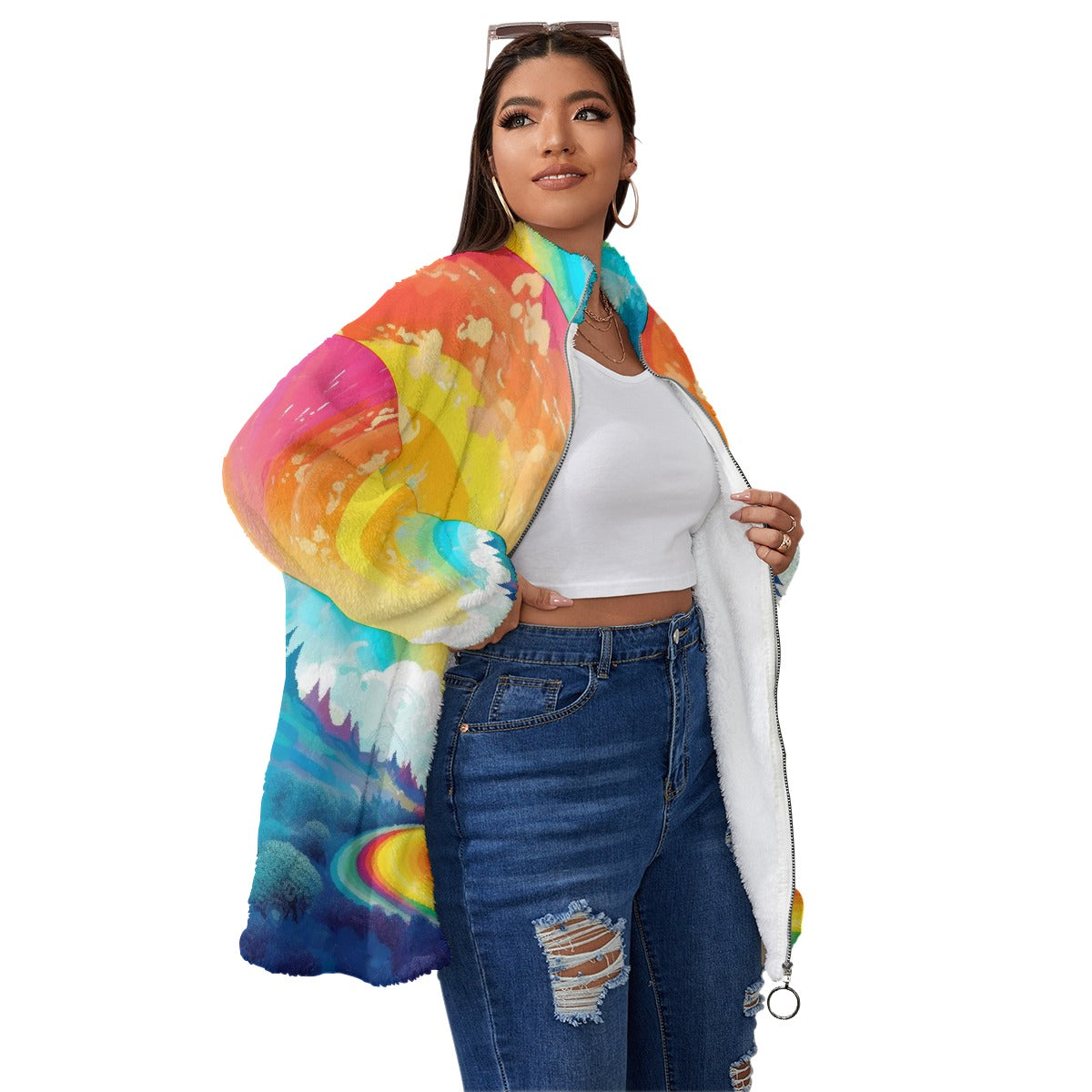 All-Over Print Unisex Borg Fleece Stand-up Collar Coat With Zipper Closure(Plus Size)