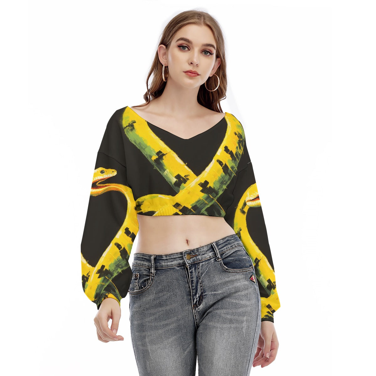 All-Over Print Women's V-neck Long Sleeve Cropped Sweatshirt