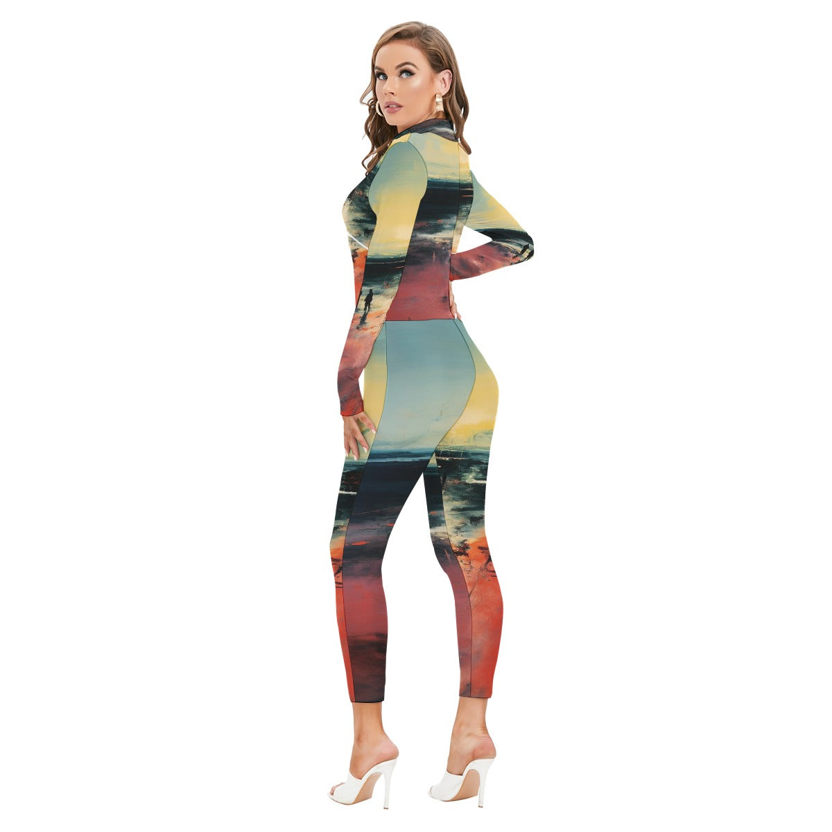 All-Over Print Women's Long-sleeved High-neck Jumpsuit With Zipper