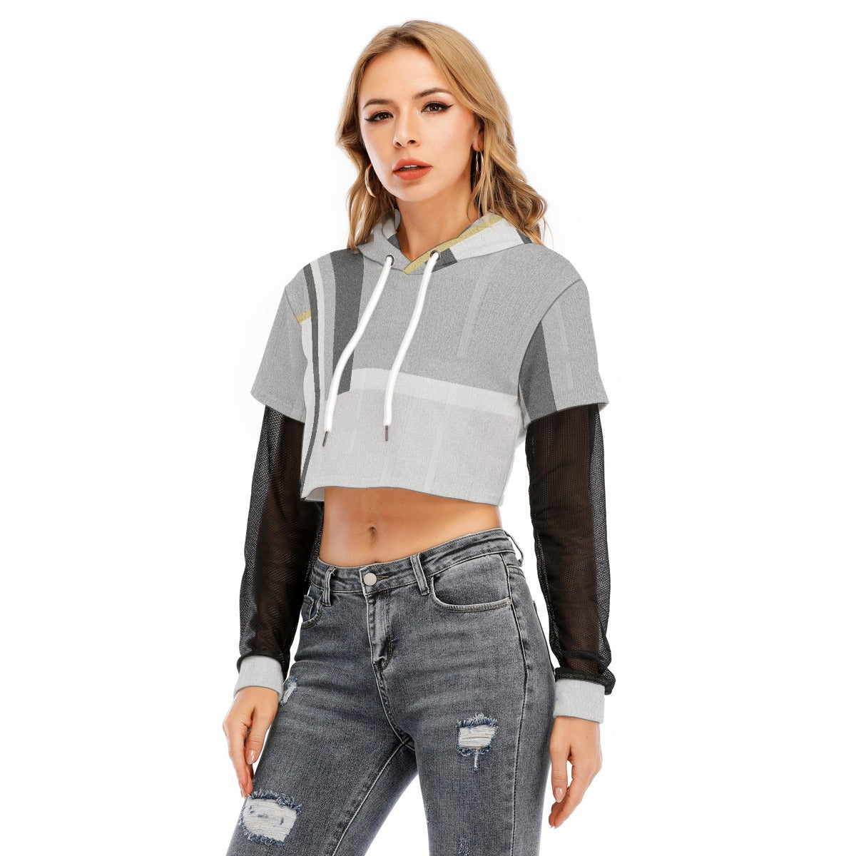 All-Over Print Women's Fake Two-piece Mesh Sleeve Cropped Hoodie