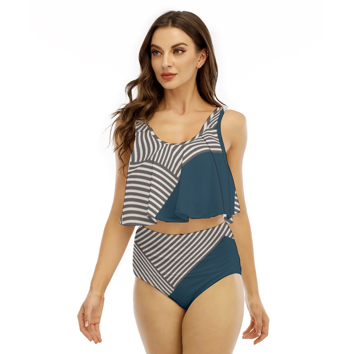 All-Over Print Women's Ruffled Vest Bikini Swimsuit