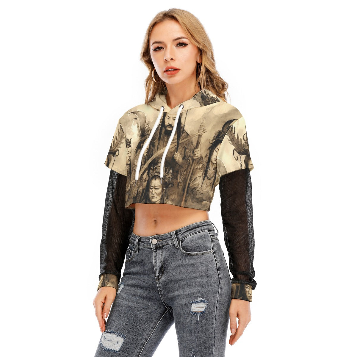 All-Over Print Women's Fake Two-piece Mesh Sleeve Cropped Hoodie