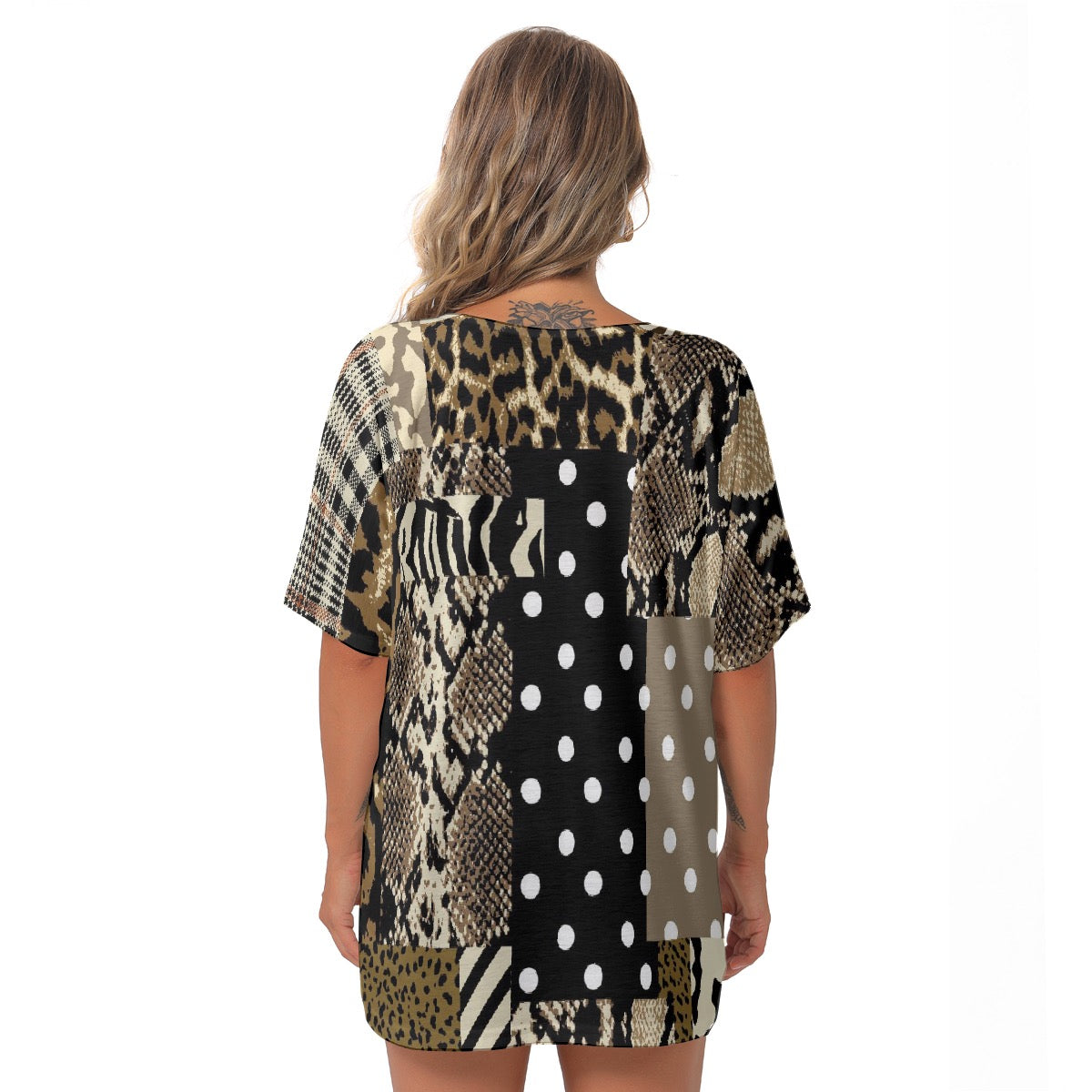 All-Over Print Women's Bat Sleeves V-Neck Blouse