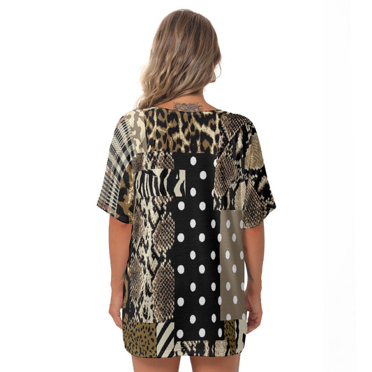 All-Over Print Women's Bat Sleeves V-Neck Blouse