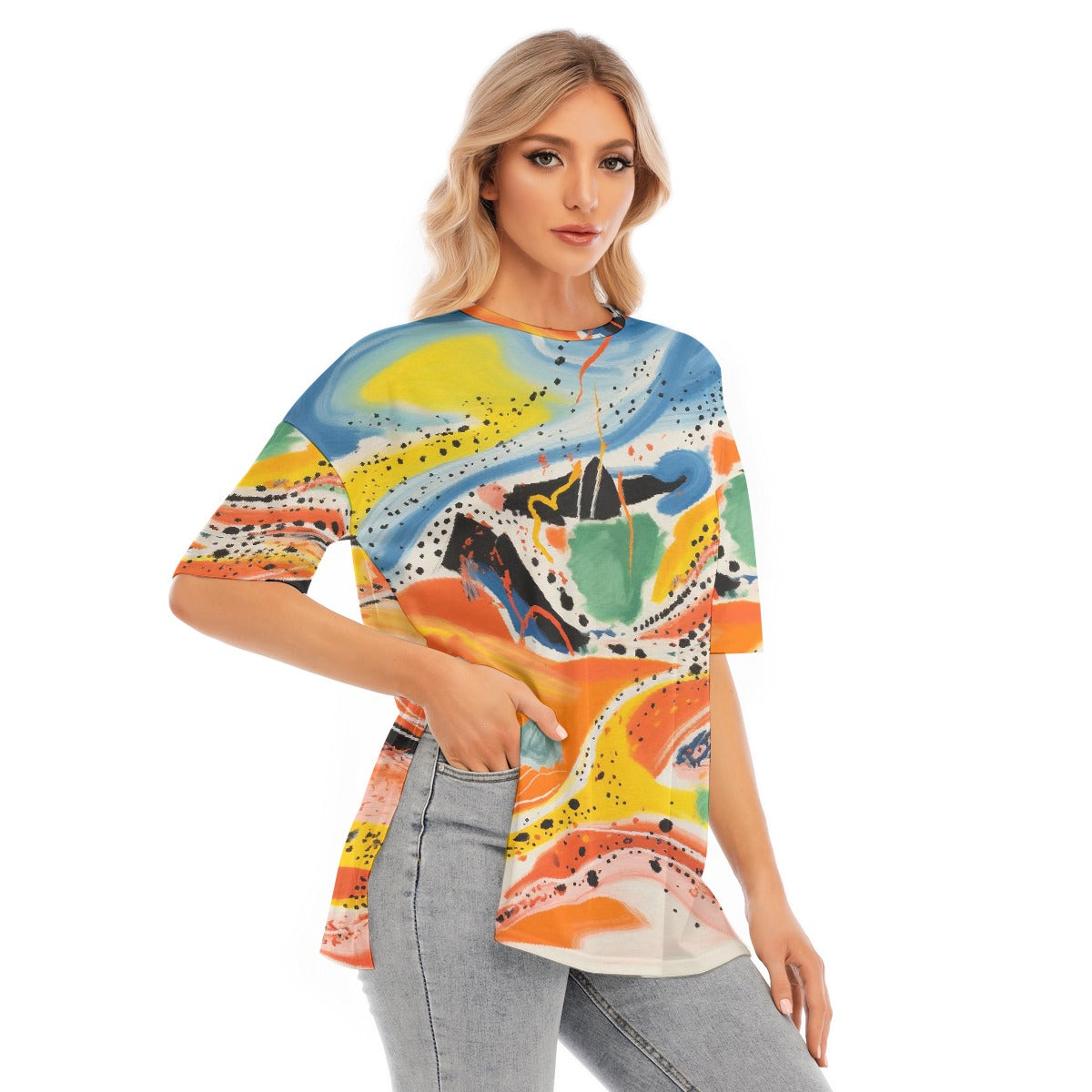 All-Over Print Women's Short Sleeves T-shirt With Hem Split