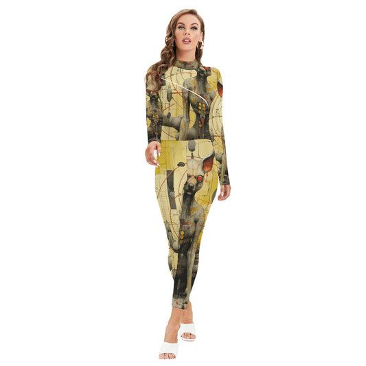 All-Over Print Women's Long-sleeved High-neck Jumpsuit With Zipper