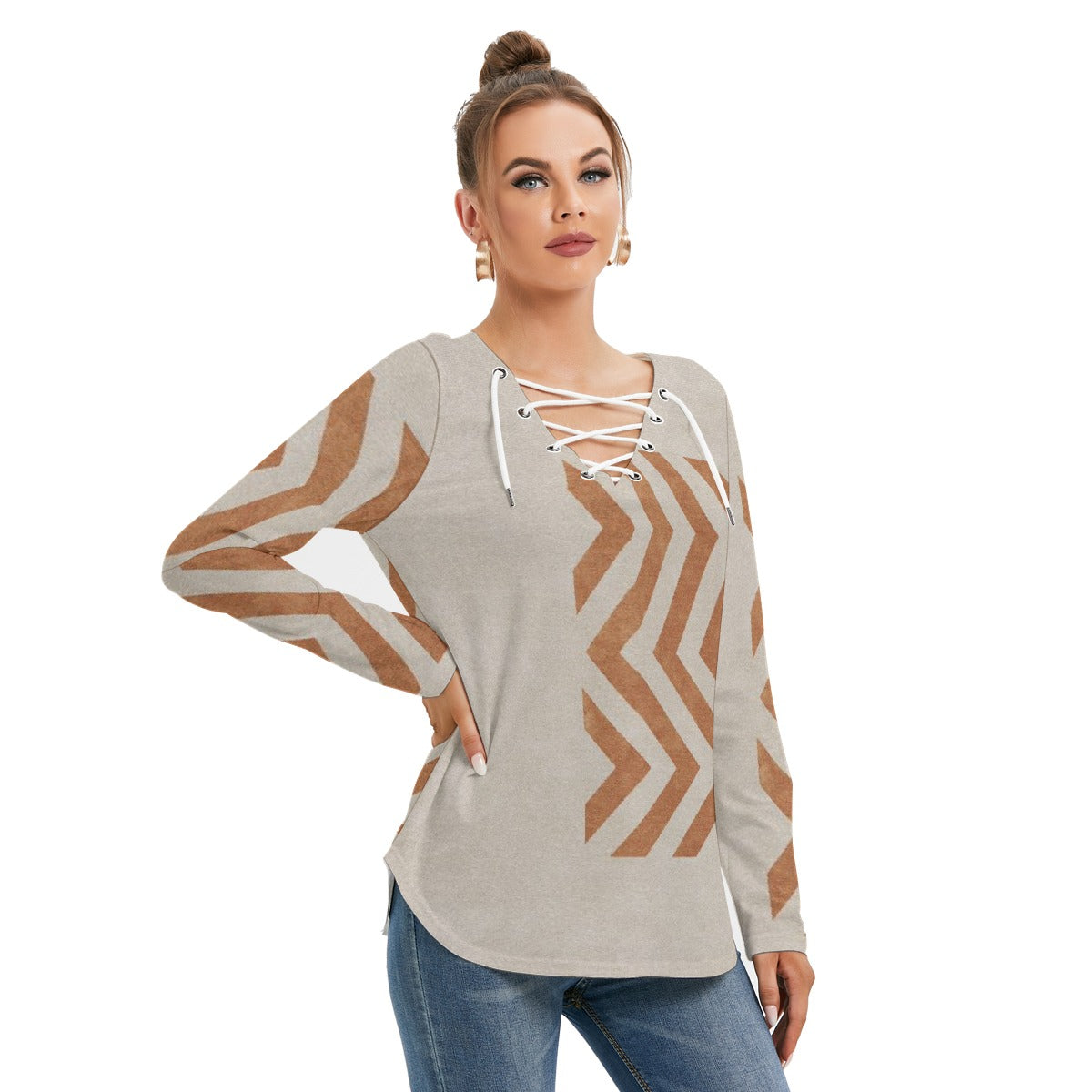 All-Over Print Women's Long Sleeve Neckline Tie Sweatshirt