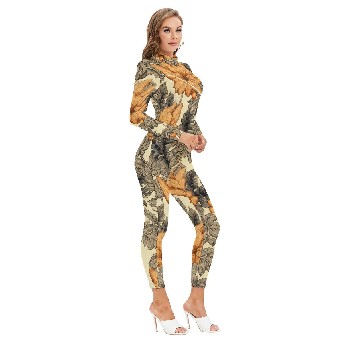 All-Over Print Women's Long-sleeved High-neck Jumpsuit With Zipper