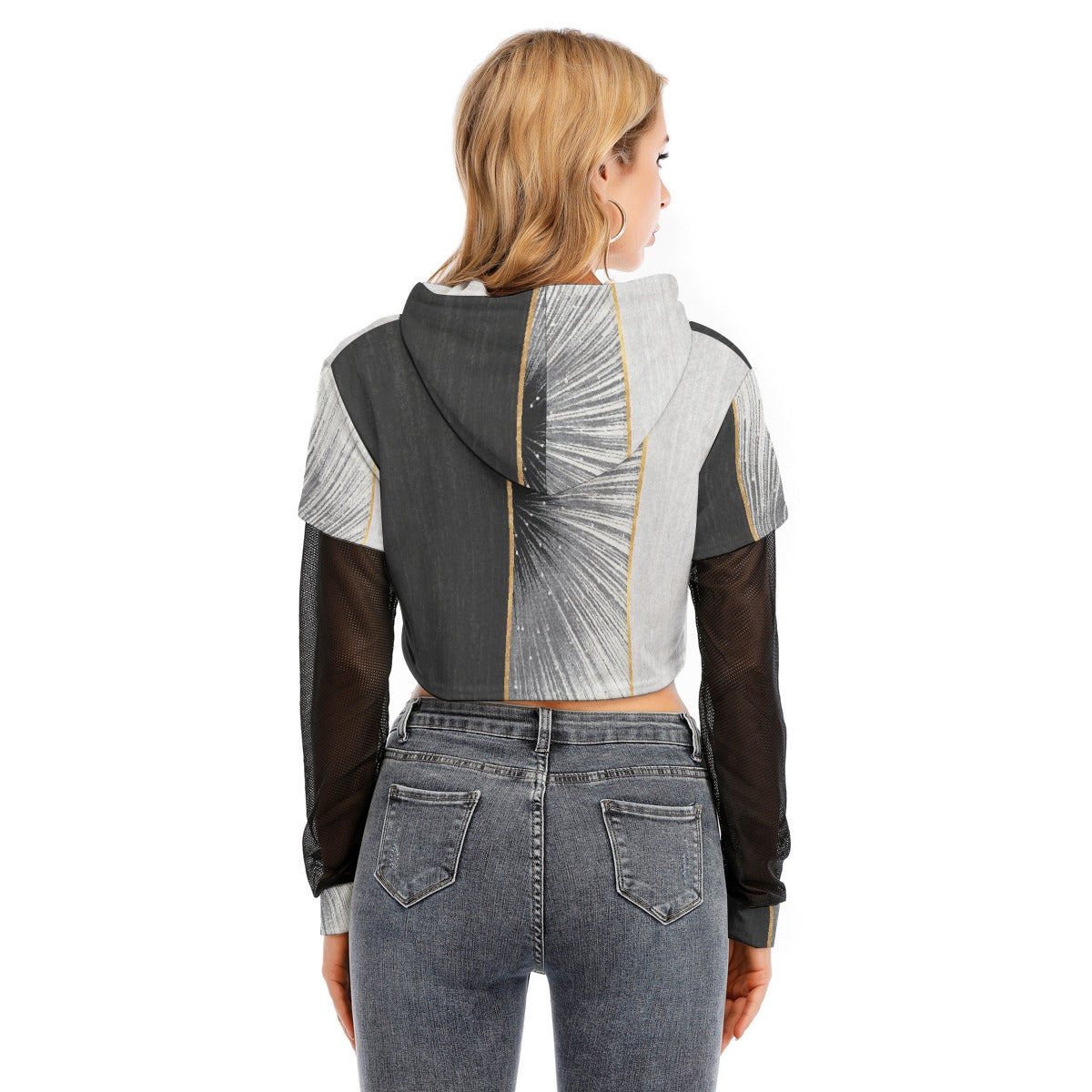 All-Over Print Women's Fake Two-piece Mesh Sleeve Cropped Hoodie