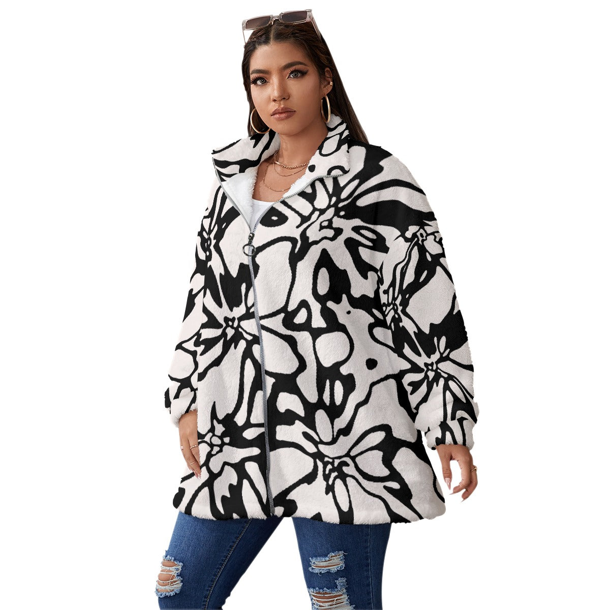 All-Over Print Unisex Borg Fleece Stand-up Collar Coat With Zipper Closure(Plus Size)