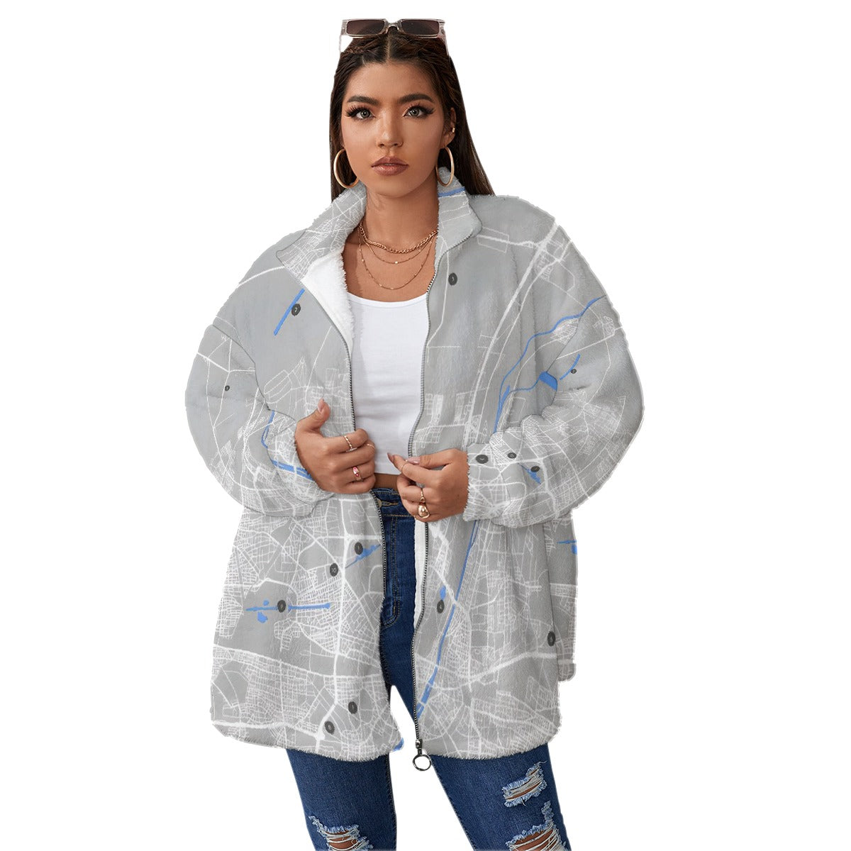 All-Over Print Unisex Borg Fleece Stand-up Collar Coat With Zipper Closure(Plus Size)