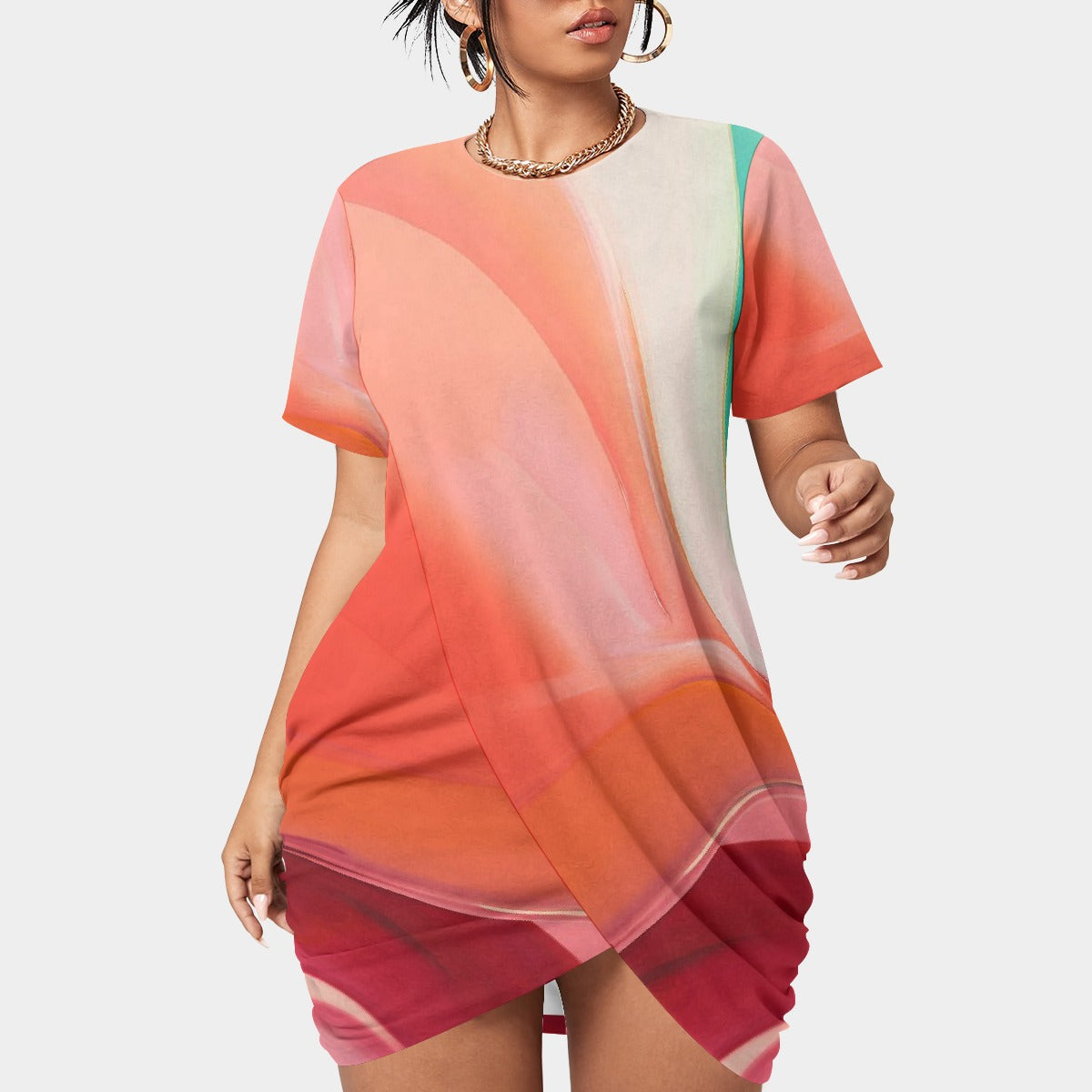 All-Over Print Women’s Stacked Hem Dress With Short Sleeve（Plus Size）