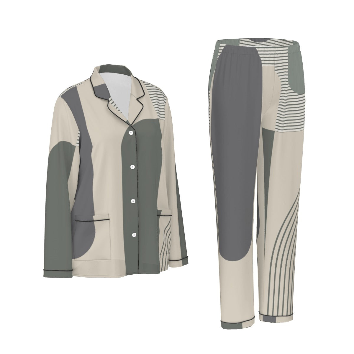 All-Over Print Women's Long Sleeve Pajama Set With Black Contrast Piping