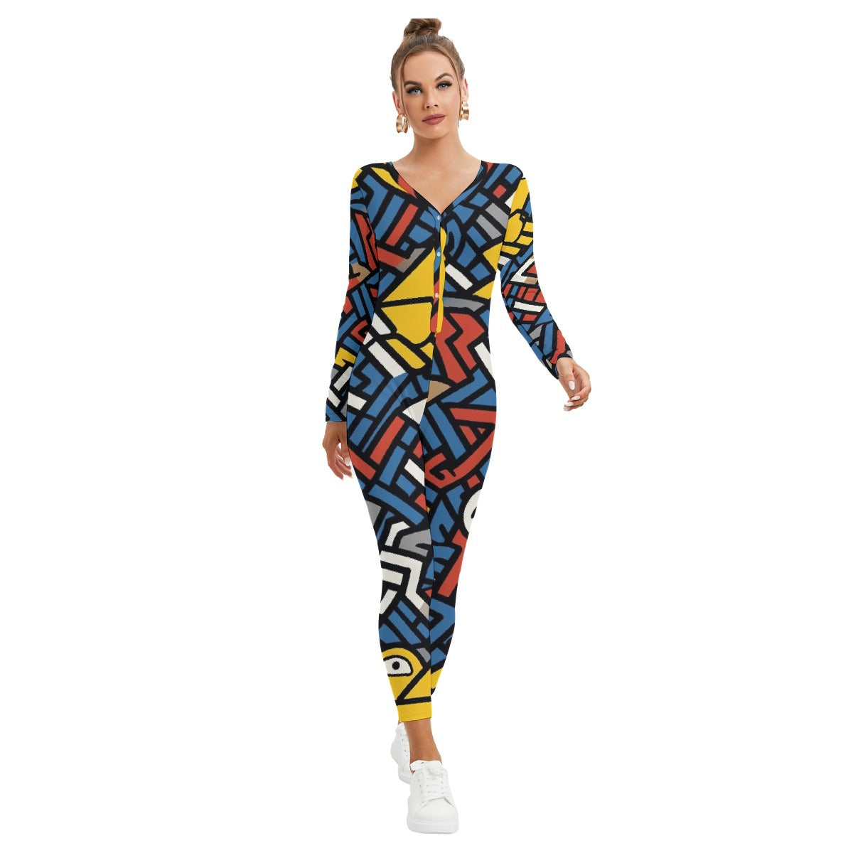 All-Over Print Women's Plunging Neck Jumpsuit