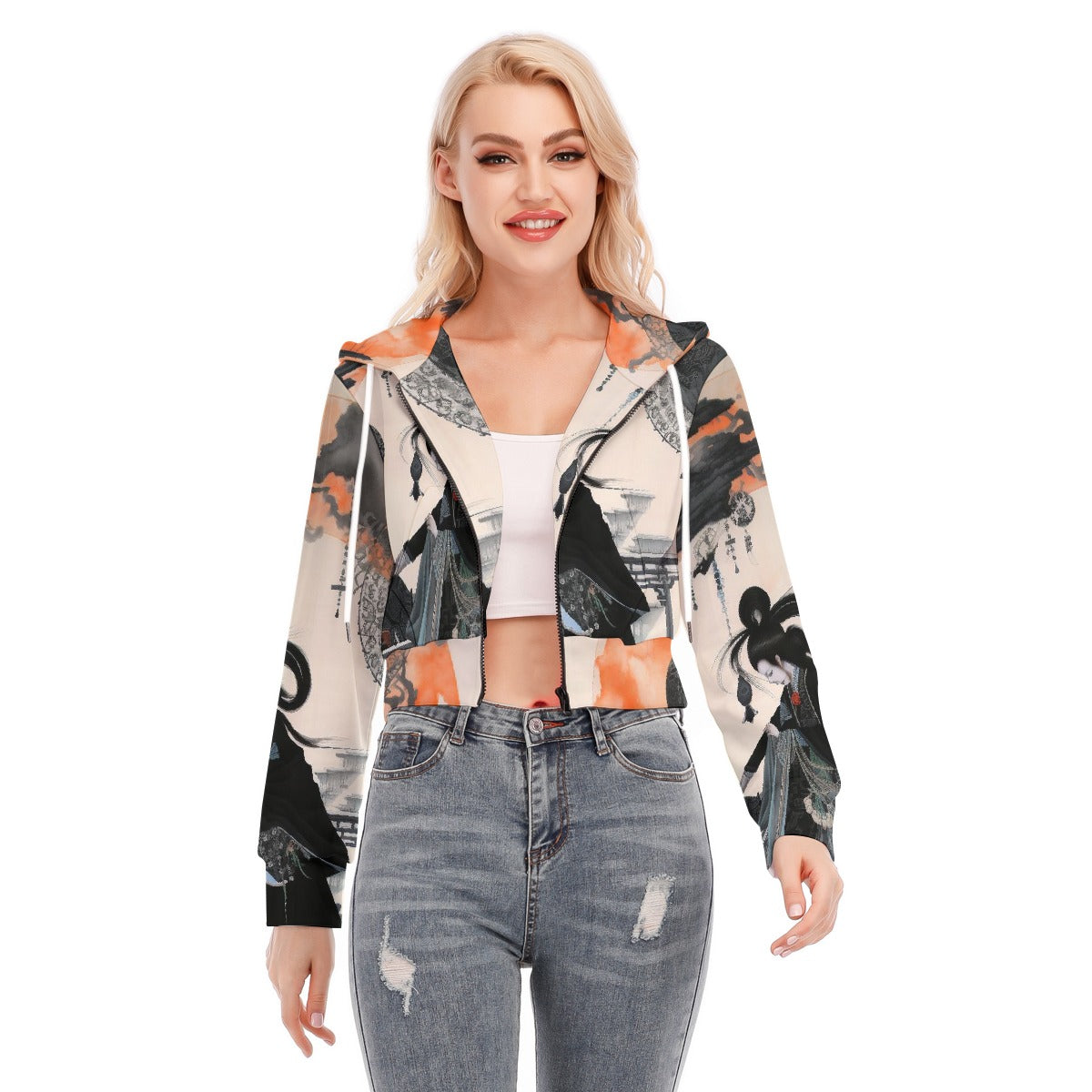 All-Over Print Women's Crop Top Hoodie With Zipper Closure