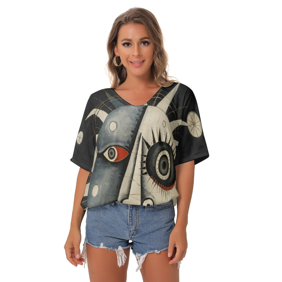 All-Over Print Women's Bat Sleeves V-Neck Blouse