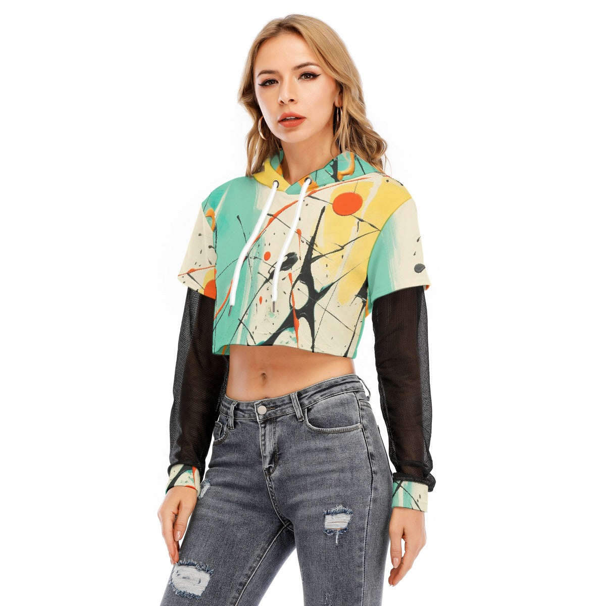 All-Over Print Women's Fake Two-piece Mesh Sleeve Cropped Hoodie