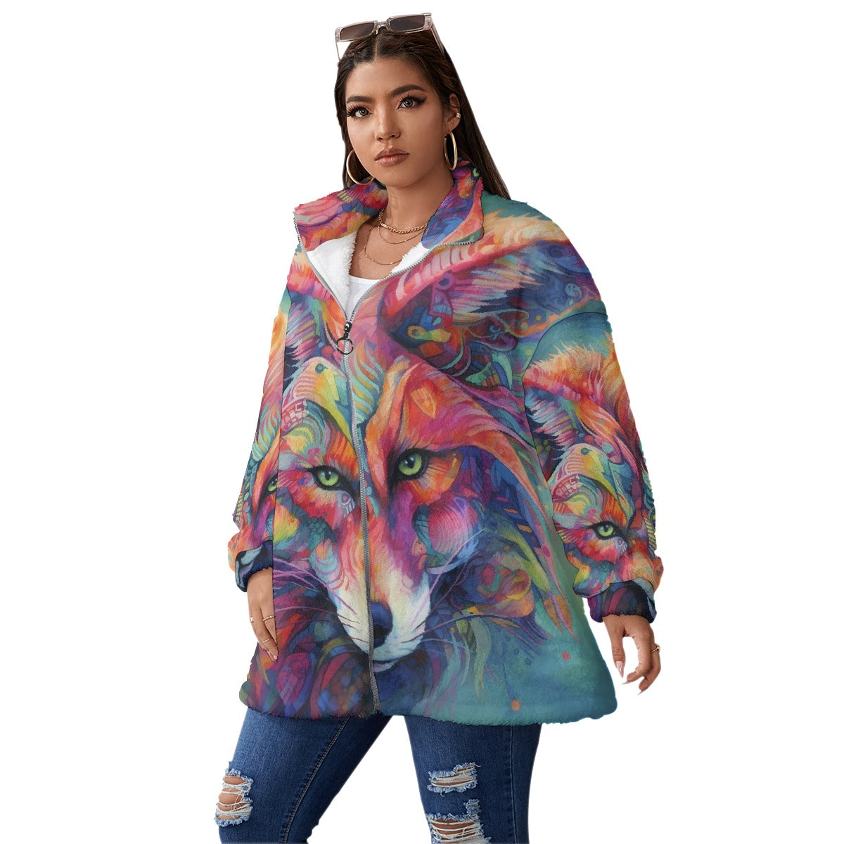 All-Over Print Unisex Borg Fleece Stand-up Collar Coat With Zipper Closure(Plus Size)
