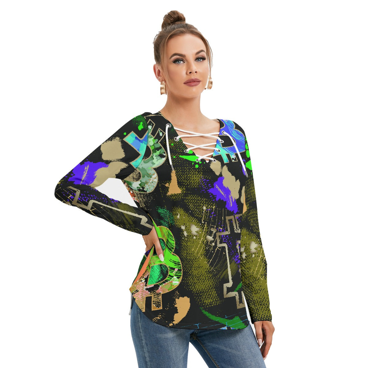 All-Over Print Women's Long Sleeve Neckline Tie Sweatshirt