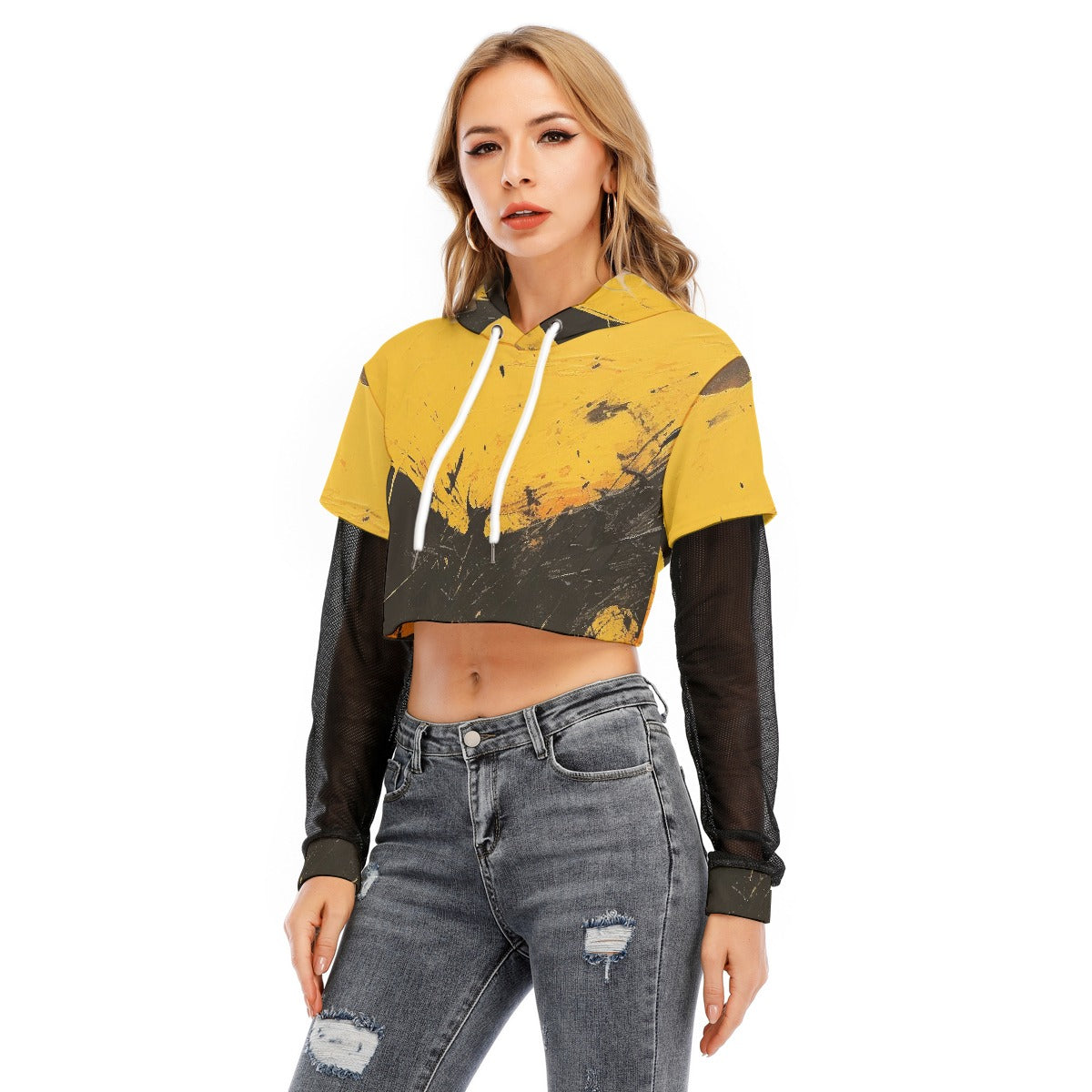 All-Over Print Women's Fake Two-piece Mesh Sleeve Cropped Hoodie