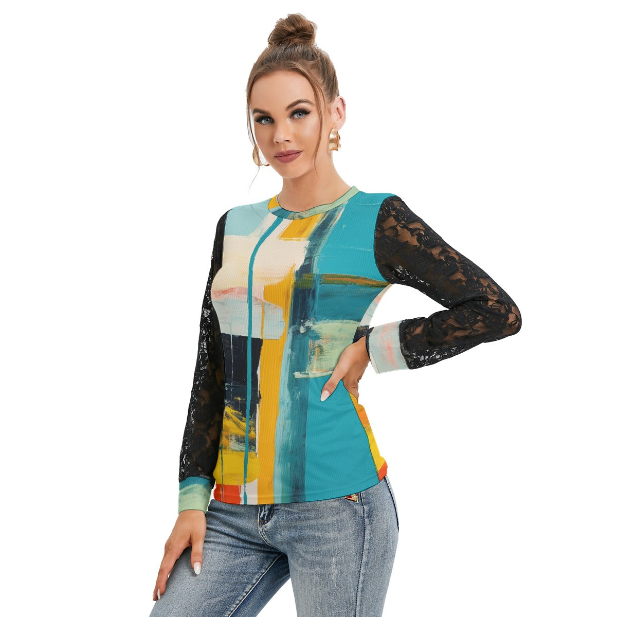 All-Over Print Women's T-shirt And Sleeve With Black Lace