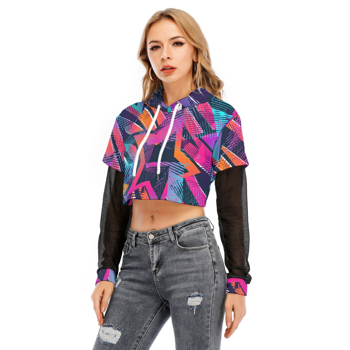 All-Over Print Women's Fake Two-piece Mesh Sleeve Cropped Hoodie