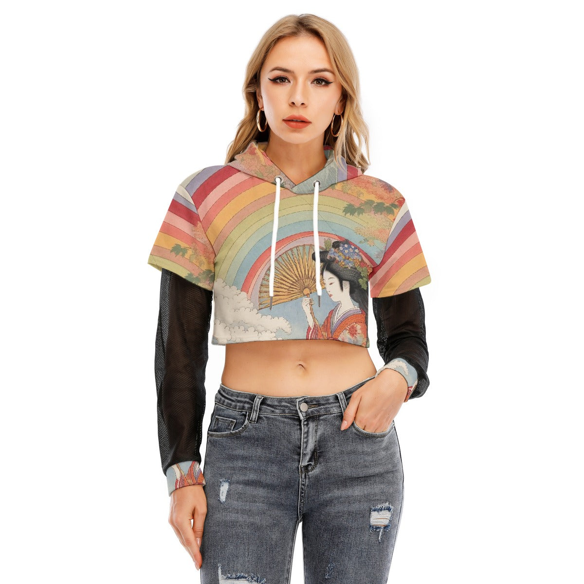 All-Over Print Women's Fake Two-piece Mesh Sleeve Cropped Hoodie