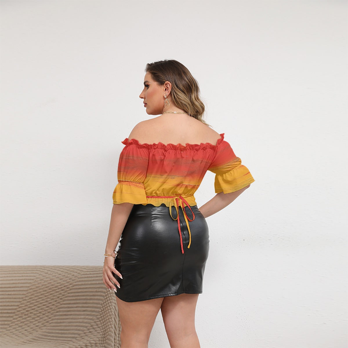 All-Over Print Women's Off-shoulder Cropped Top With Short Puff Sleeve