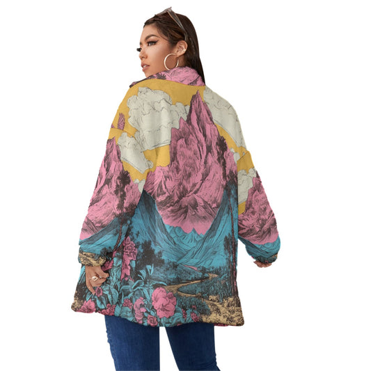 All-Over Print Unisex Borg Fleece Stand-up Collar Coat With Zipper Closure(Plus Size)