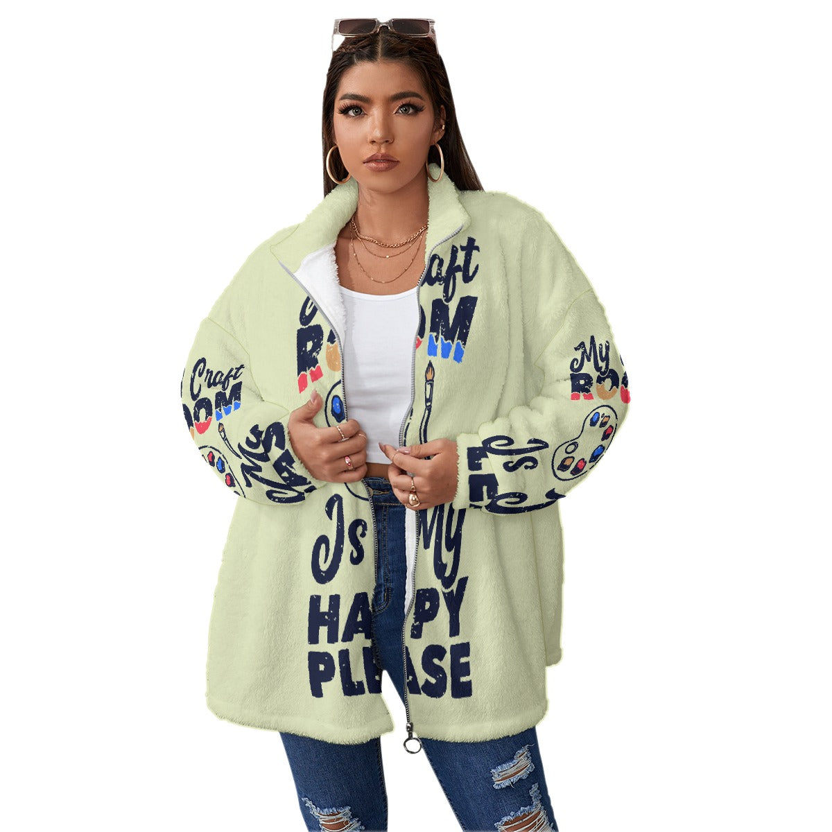 All-Over Print Unisex Borg Fleece Stand-up Collar Coat With Zipper Closure(Plus Size)