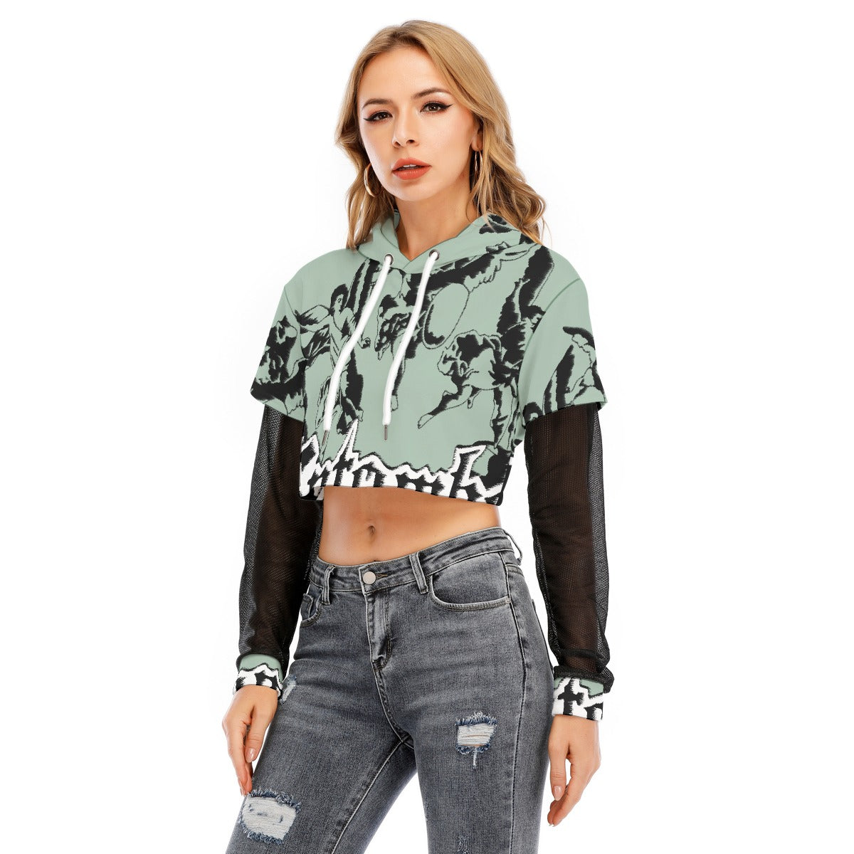 All-Over Print Women's Fake Two-piece Mesh Sleeve Cropped Hoodie