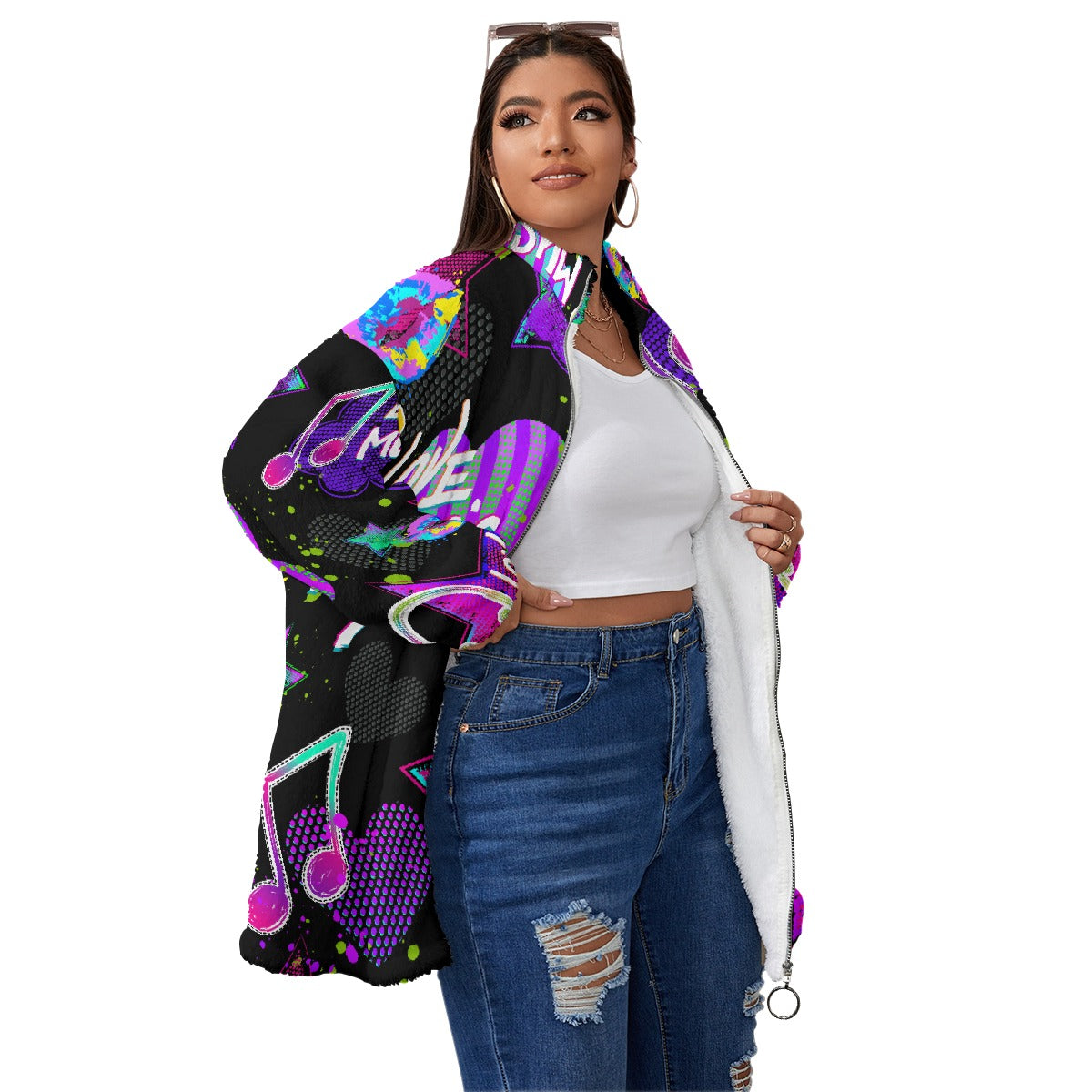 All-Over Print Unisex Borg Fleece Stand-up Collar Coat With Zipper Closure(Plus Size)