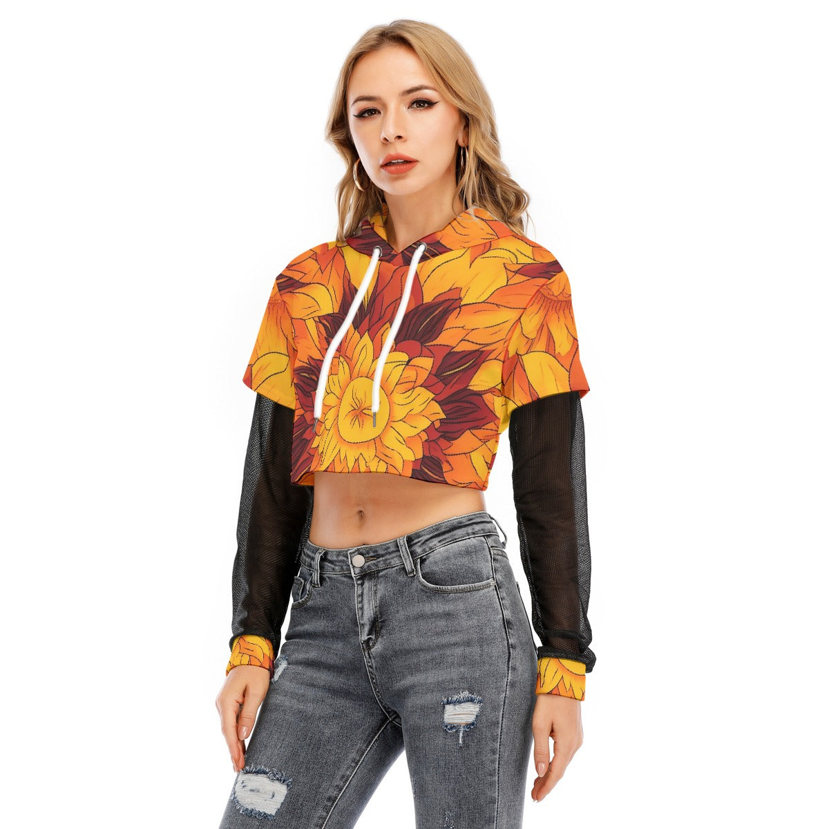 All-Over Print Women's Fake Two-piece Mesh Sleeve Cropped Hoodie