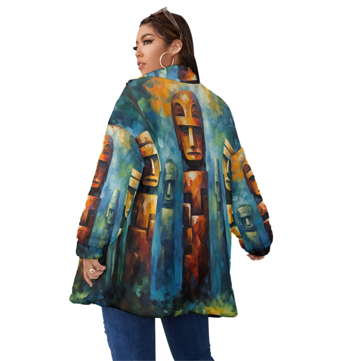 All-Over Print Unisex Borg Fleece Stand-up Collar Coat With Zipper Closure(Plus Size)