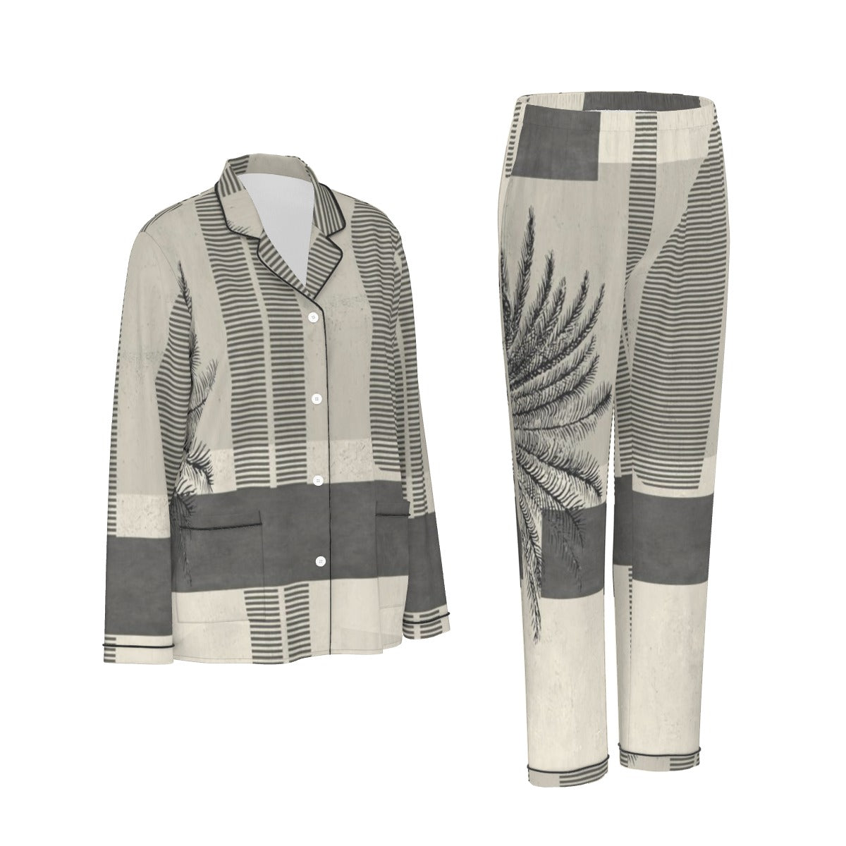 All-Over Print Women's Long Sleeve Pajama Set With Black Contrast Piping