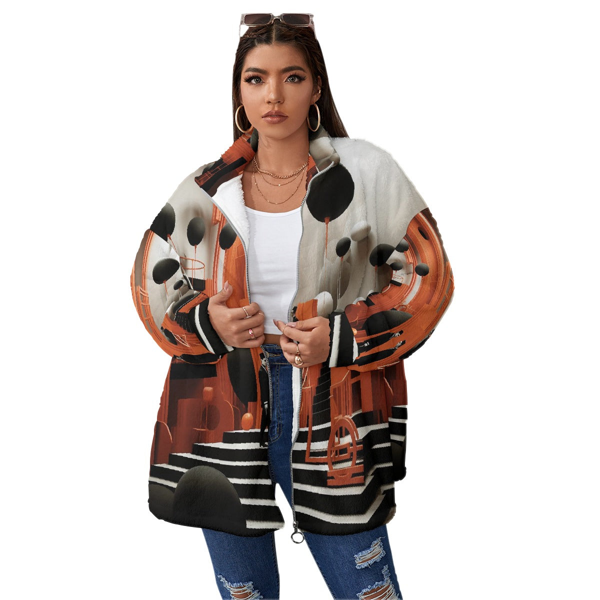 All-Over Print Unisex Borg Fleece Stand-up Collar Coat With Zipper Closure(Plus Size)