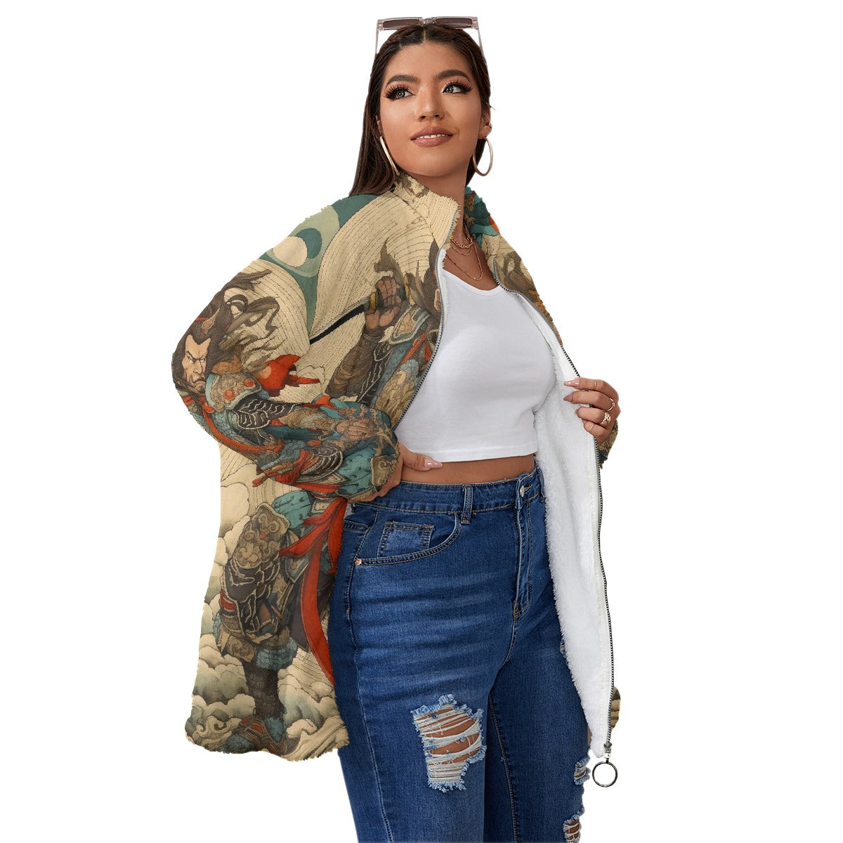 All-Over Print Unisex Borg Fleece Stand-up Collar Coat With Zipper Closure(Plus Size)