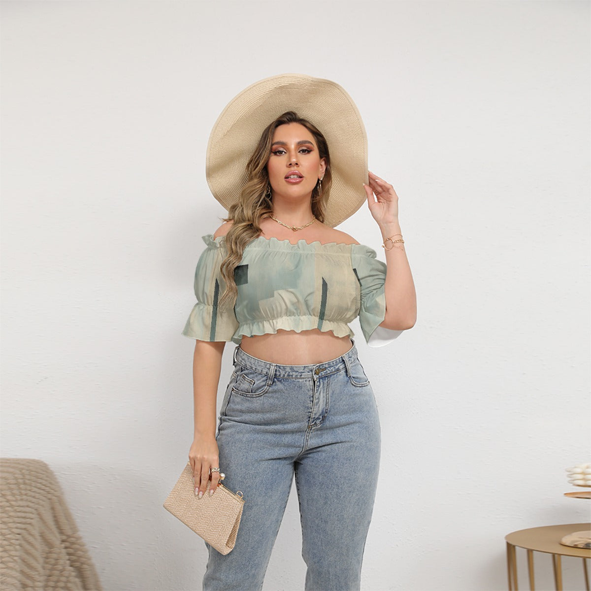 All-Over Print Women's Off-shoulder Cropped Top With Short Puff Sleeve