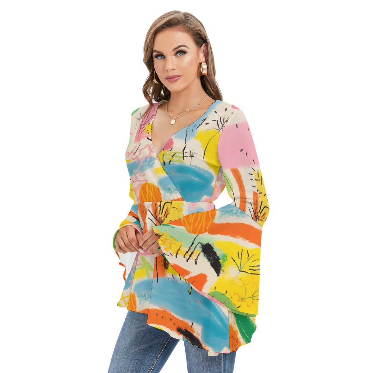 All-Over Print Women's V-neck Blouse With Flared Sleeves