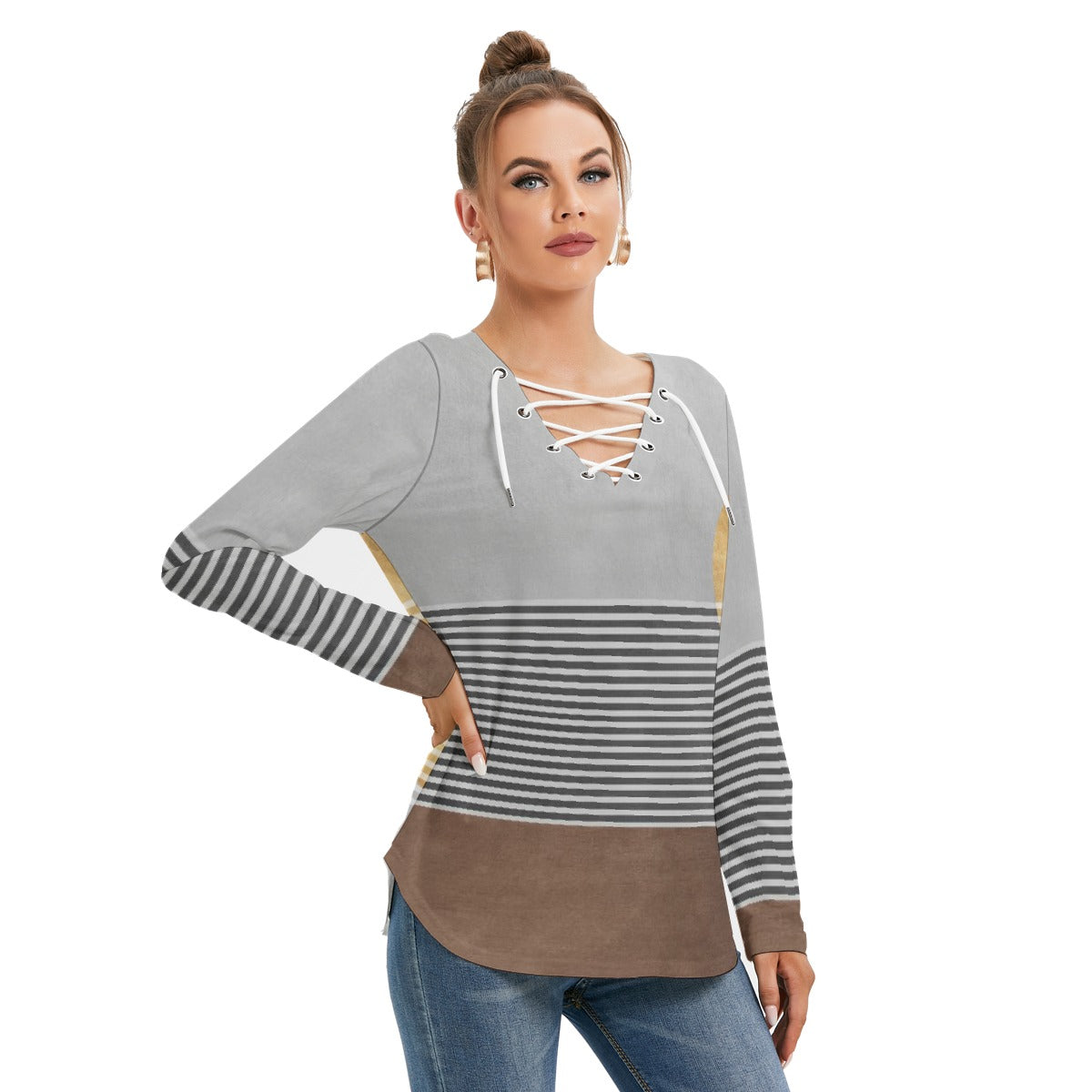 All-Over Print Women's Long Sleeve Neckline Tie Sweatshirt