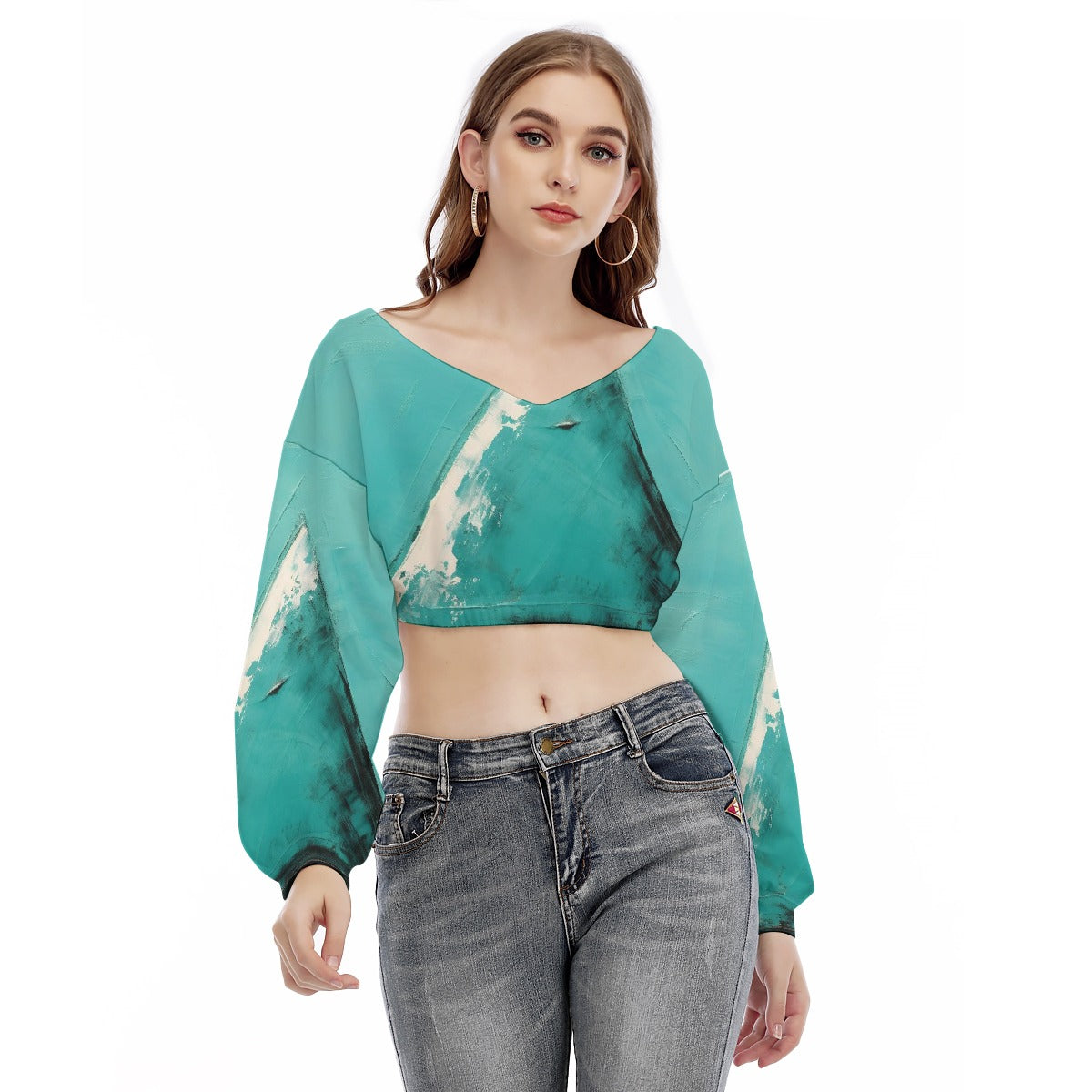 All-Over Print Women's V-neck Long Sleeve Cropped Sweatshirt