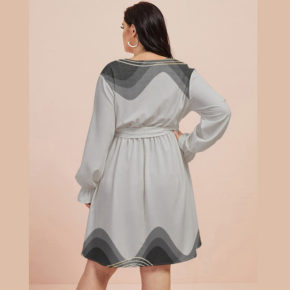 All-Over Print Women's V-neck Dress With Waistband(Plus Size)