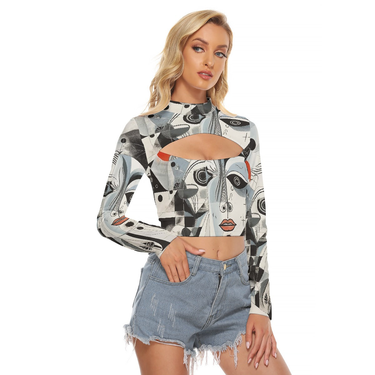 All-Over Print Women's Hollow Chest Keyhole Tight Crop Top