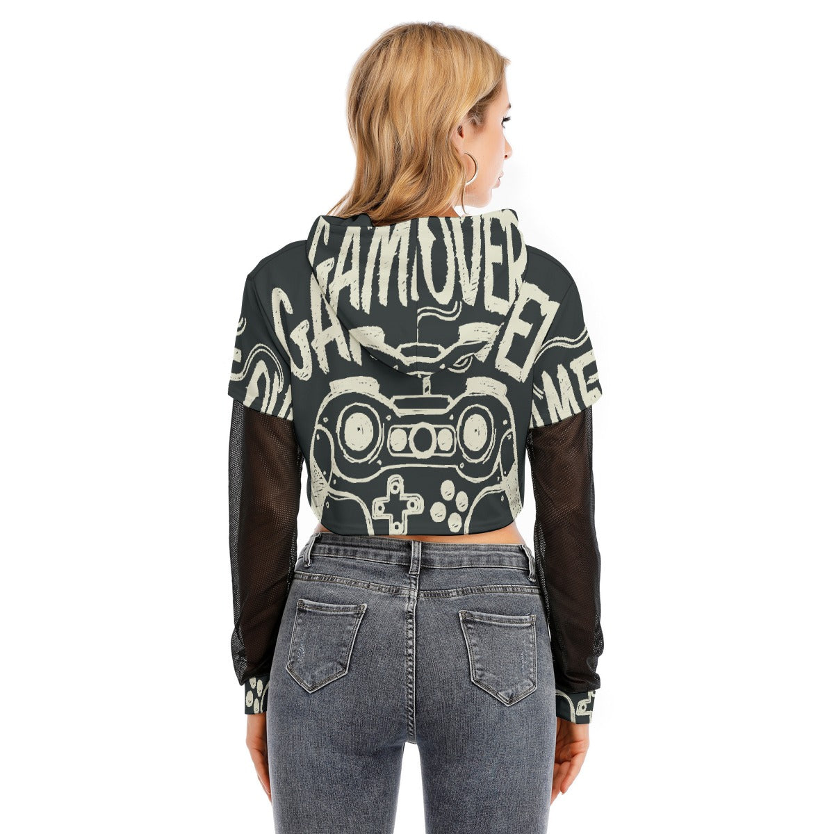 All-Over Print Women's Fake Two-piece Mesh Sleeve Cropped Hoodie