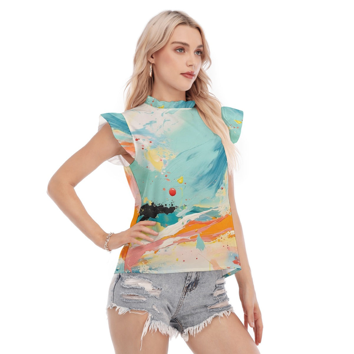 All-Over Print Women's Blouse With Ruffle Collar And Sleeve