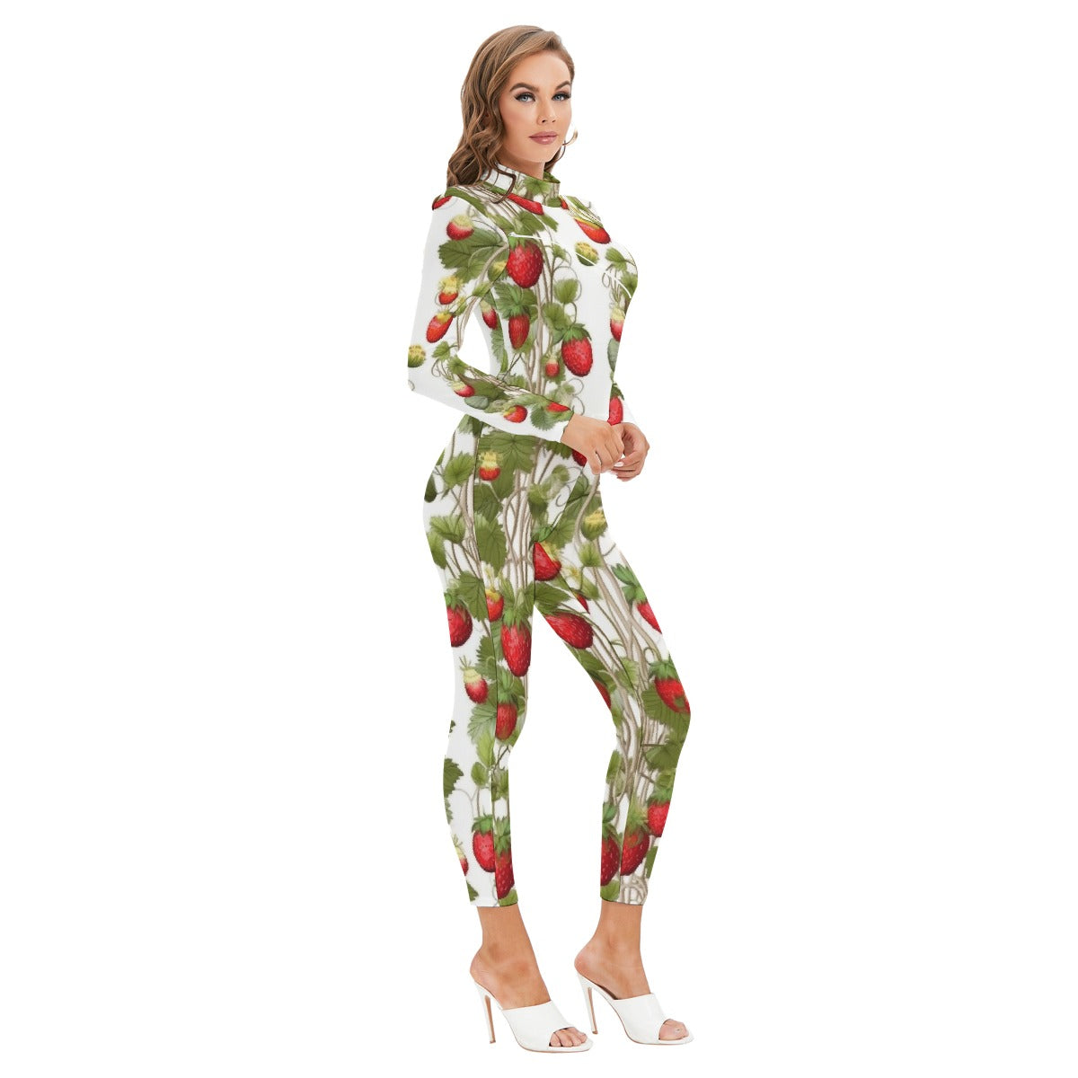All-Over Print Women's Long-sleeved High-neck Jumpsuit With Zipper