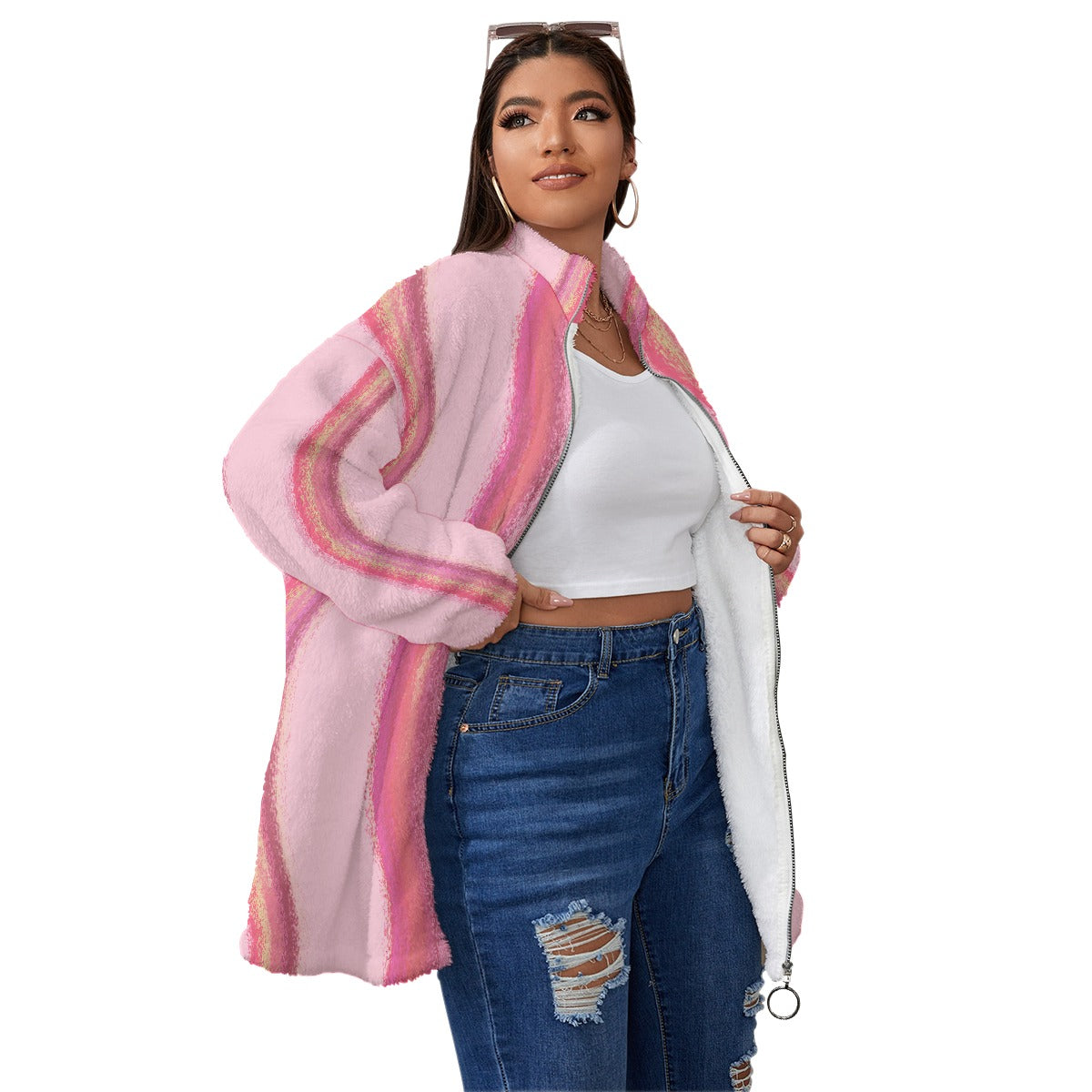 All-Over Print Unisex Borg Fleece Stand-up Collar Coat With Zipper Closure(Plus Size)