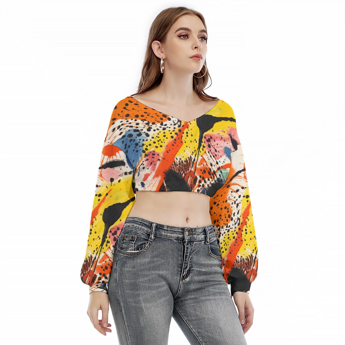 All-Over Print Women's V-neck Long Sleeve Cropped Sweatshirt